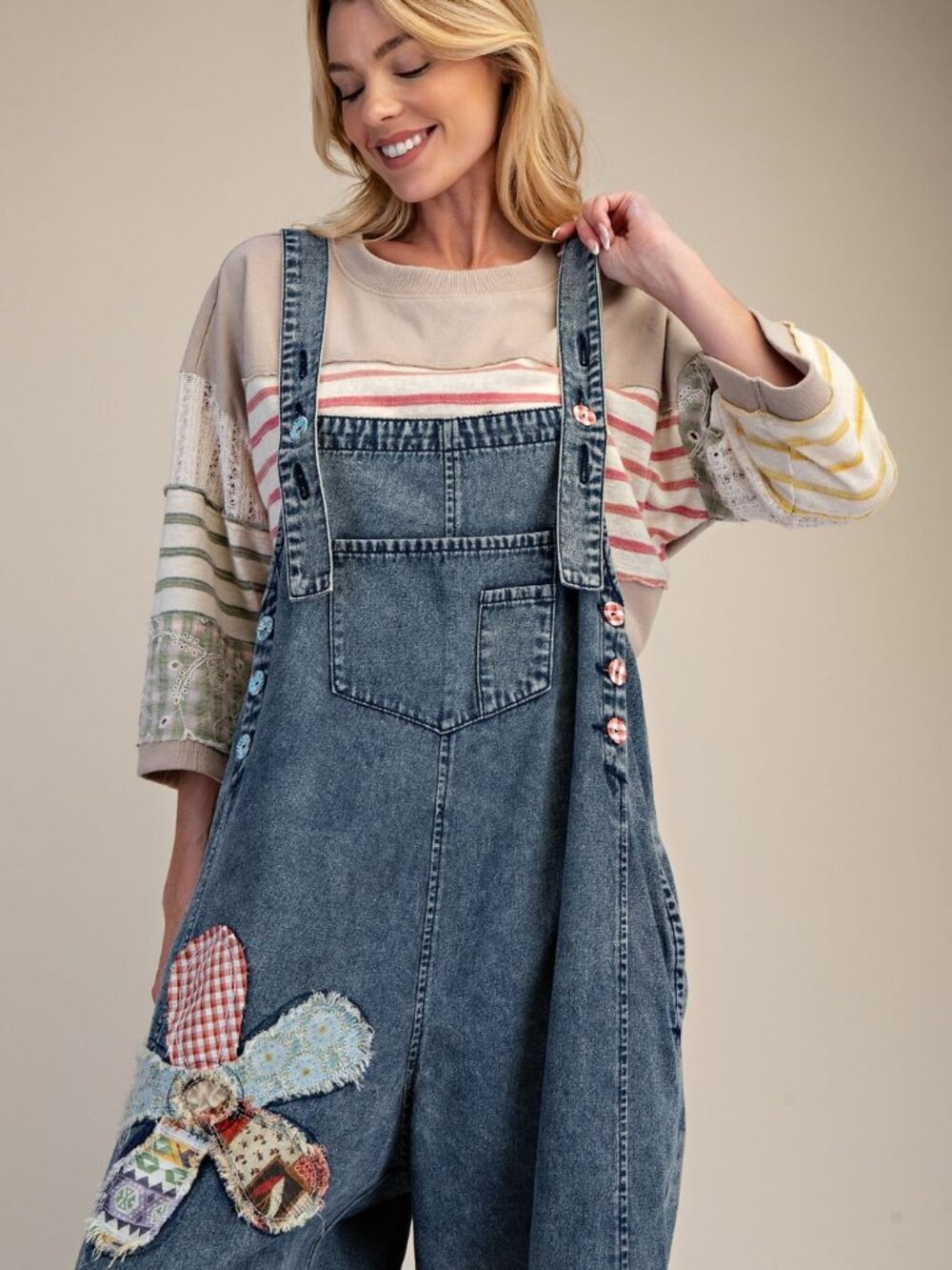 THREE BIRD NEST FLOWER PATCH WASHED DENIM OVERALLS 95%COTTON 5%VISCOSE - Picture 3 of 4